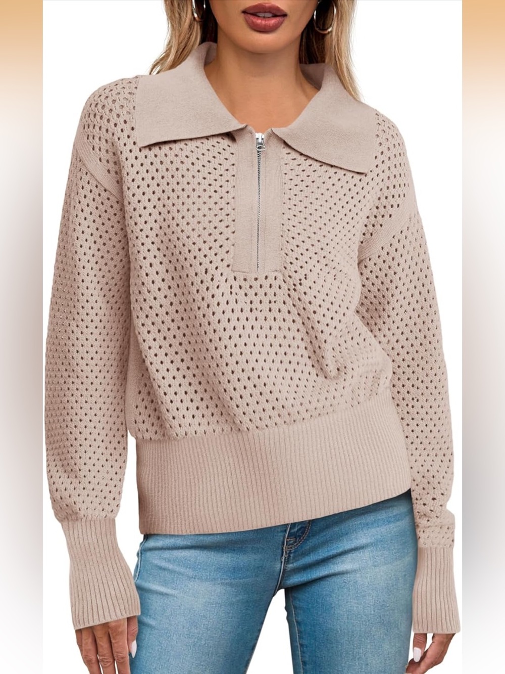 Quarter-zip Crochet Polo Sweater - oatmeal - size S